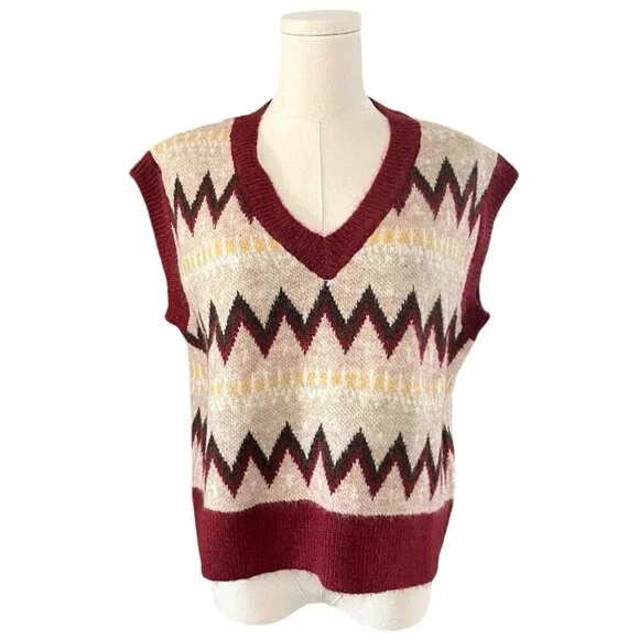 NWT‎ Cider Wave Aztec Sweater Vest Womens S V-Neck Knit Old Money Cabin Academia - Picture 2 of 10